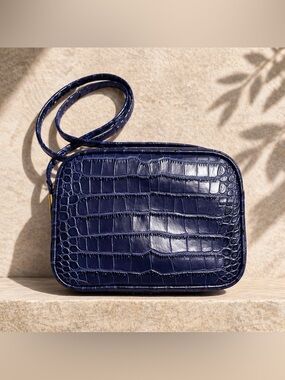 Zara Dark Navy Croc Embossed Crossbody Bag | Structured Mini Shoulder Purse
